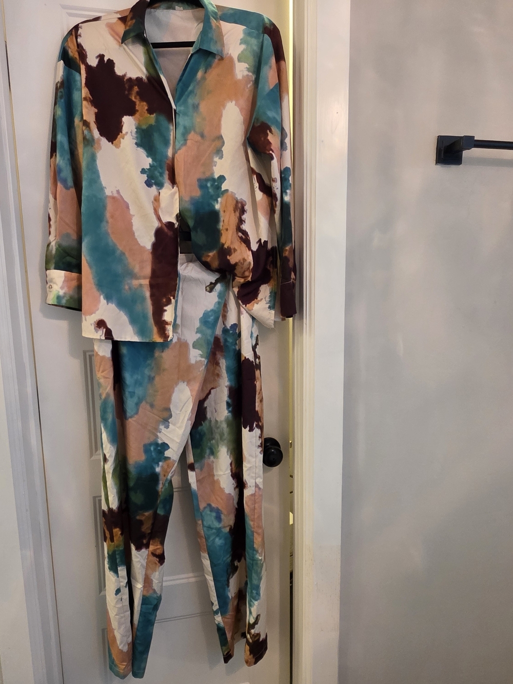 Abstract Watercolor Print Button-Up Top & Pants Set - Teal, Brown, Peach
